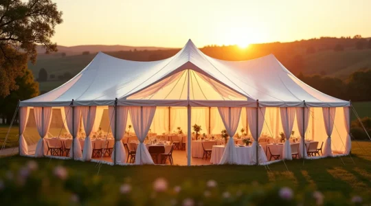 Tente de mariage transparente cristal dans un cadre naturel avec décoration bohème chic, paysage pittoresque en arrière-plan, éclairage chaud en fin d'après-midi