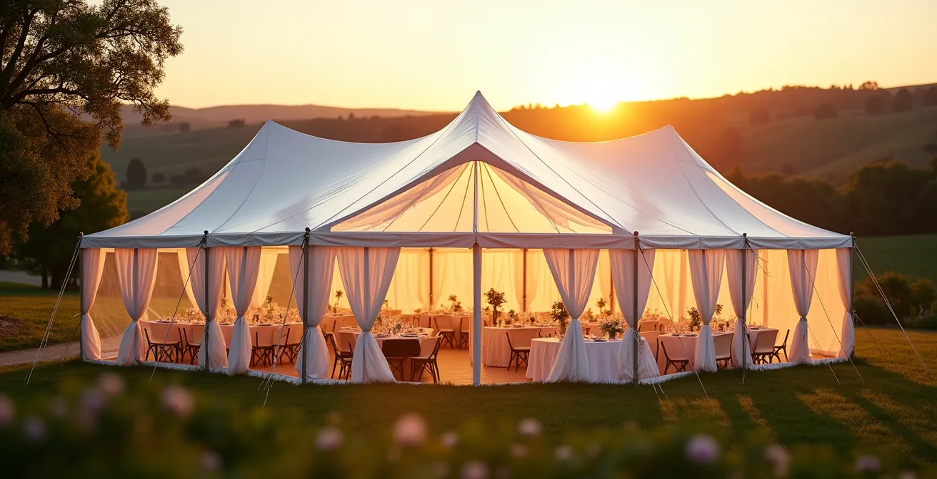 Tente de mariage transparente cristal dans un cadre naturel avec décoration bohème chic, paysage pittoresque en arrière-plan, éclairage chaud en fin d'après-midi