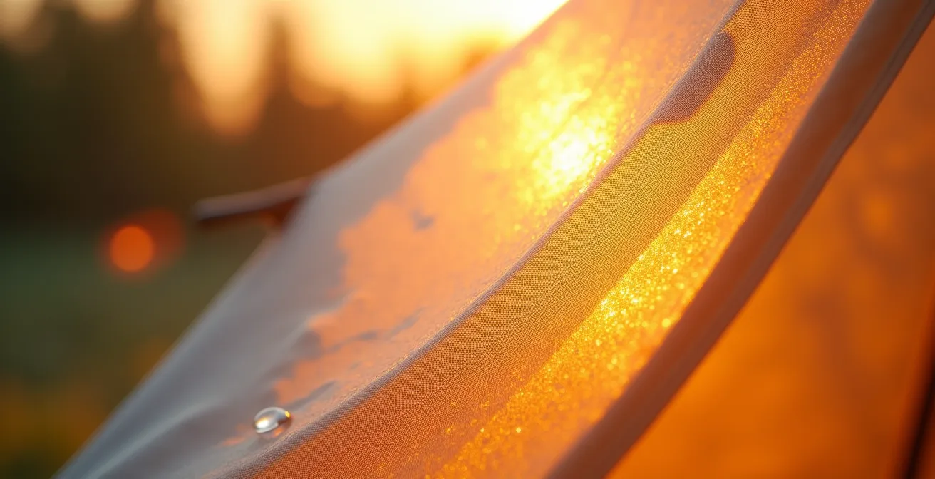 Coupe technique d'une tente cristal montrant l'effet de serre, panneaux transparents, système de ventilation et climatisation, rayons solaires traversant le tissu