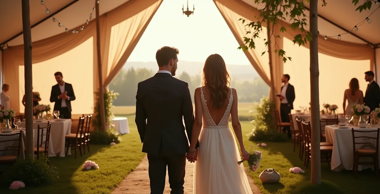 Triptique visuel montrant trois styles de réception : tente cristal moderne et épurée, tente bohème naturelle et conviviale, chapiteau chic raffiné avec décoration élégante